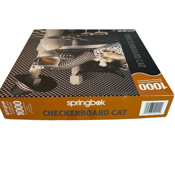 Springbok 1000 Piece Jigsaw Puzzle Checkerboard‎ Cat 2006 Black White Kitty Fish - Picture 2 of 9